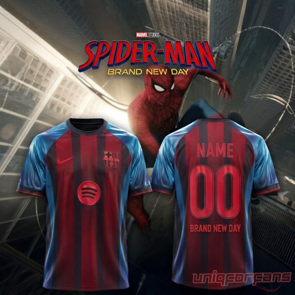 FC Barcelona x Spider-Man Brand New Day 2026 Custom Jersey front and back views