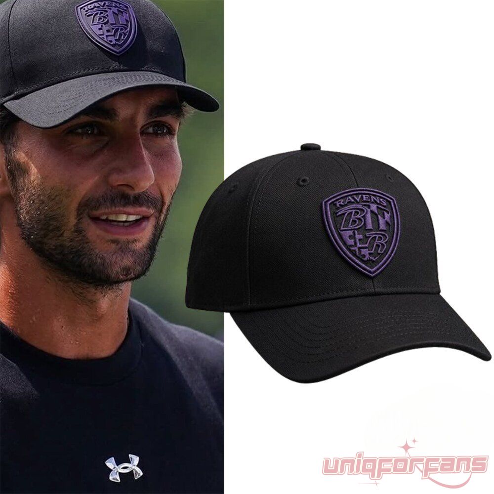 Ferran Torres Baltimore Ravens Shield Special Classic Cap in black with purple shield patch beside Ferran Torres wearing it