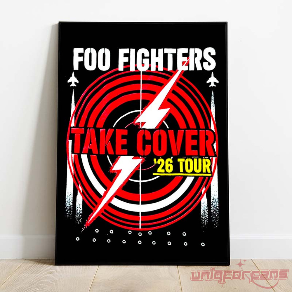 Foo Fighters Take Cover 2026 Tour Graphic Poster featuring a red target reticle with a lightning bolt graphic against a black background