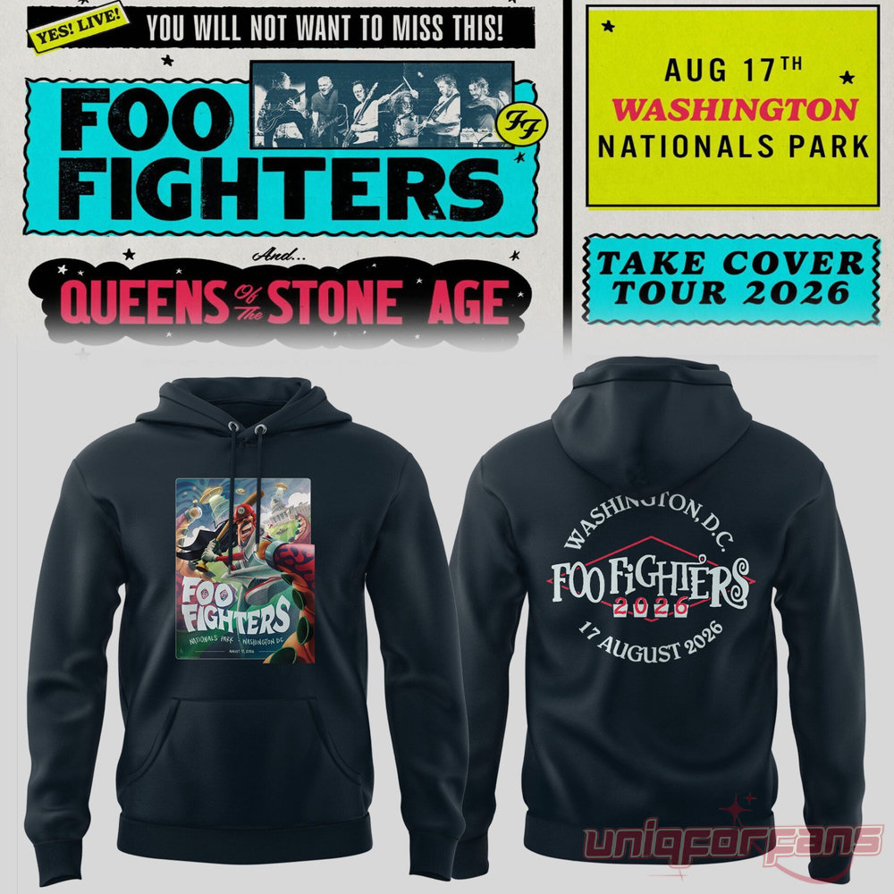 Foo Fighters Take Cover Tour 2026 Washington DC Nationals Park Hoodie in dark gray with alien baseball concert poster graphic and event back print