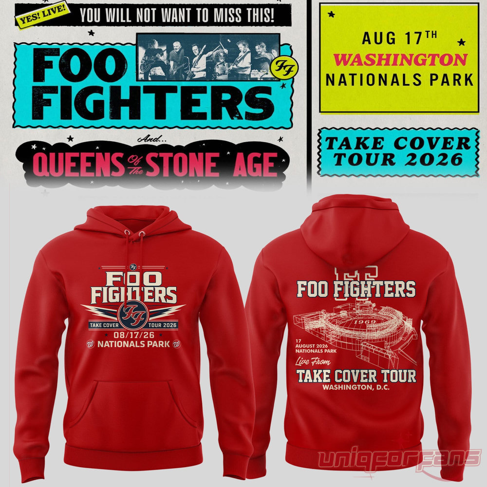 Foo Fighters Take Cover Tour 2026 Washington DC Nationals Park Hoodie in red featuring concert tour branding and Nationals Park graphics