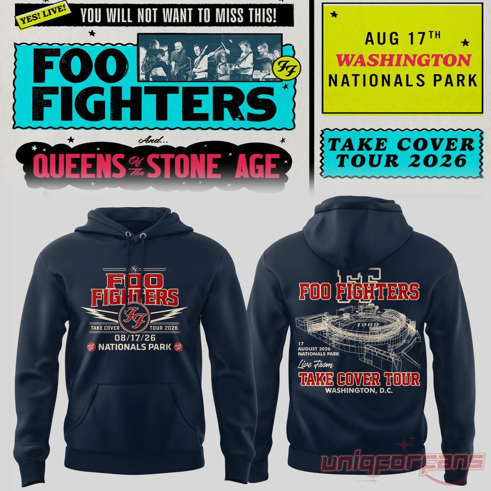Foo Fighters Take Cover Tour 2026 Washington DC Nationals Park Hoodie in navy blue with red tour header and stadium wireframe back print