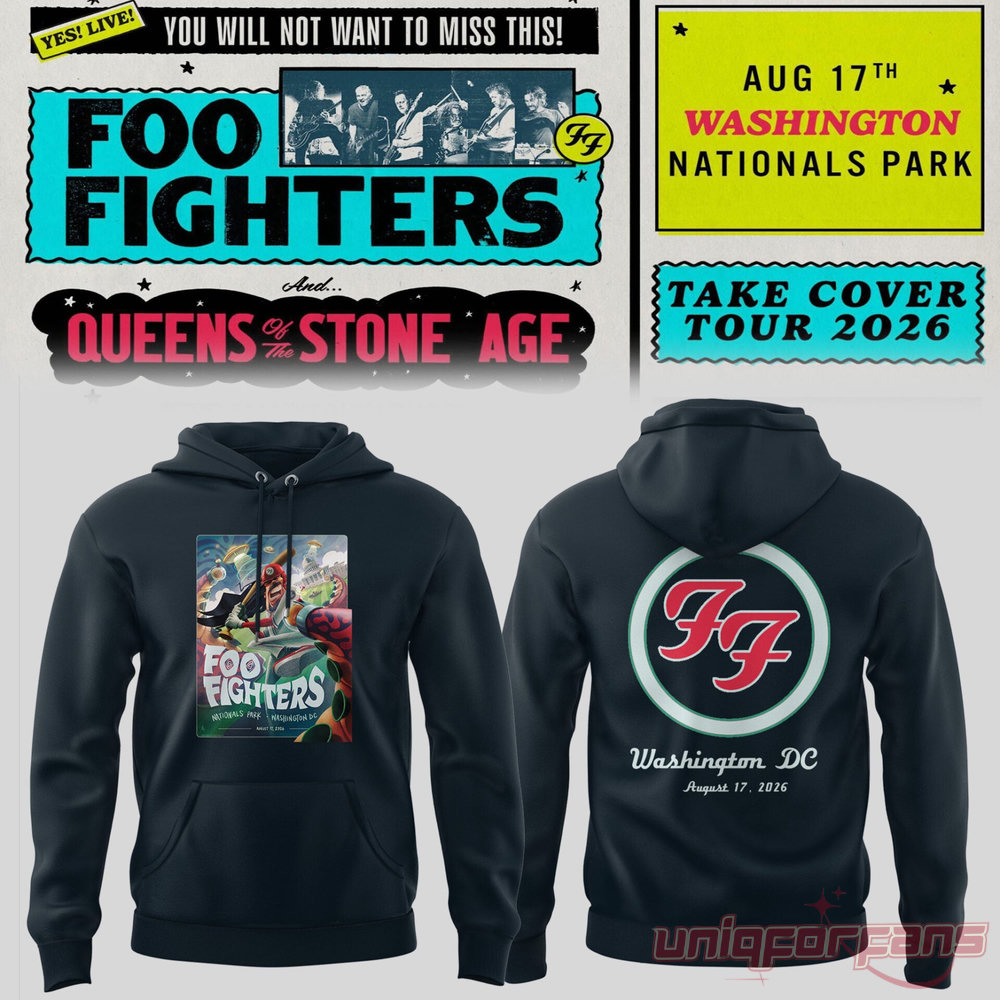 Foo Fighters Take Cover Tour 2026 Washington DC Nationals Park Hoodie in dark gray featuring poster graphic front and circular "FF" logo back graphic