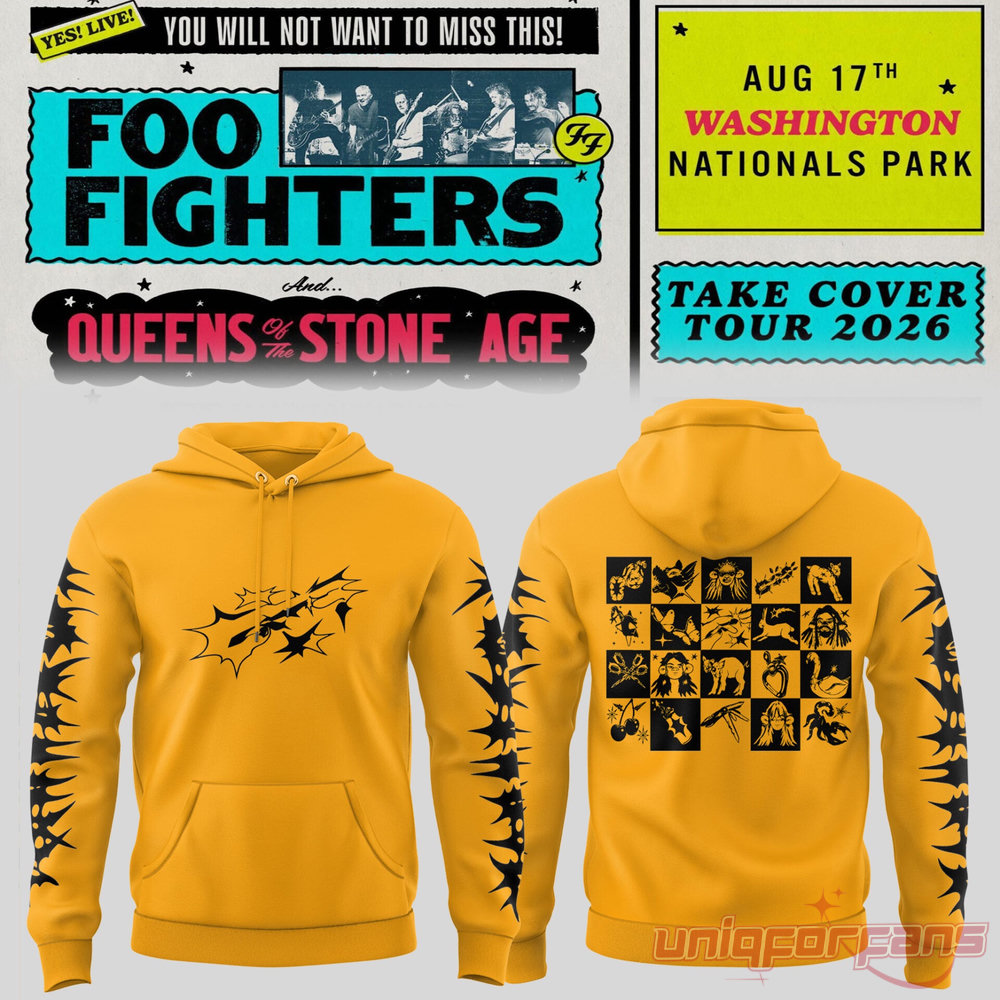 Foo Fighters Take Cover Tour 2026 Washington DC Nationals Park Hoodie in mustard yellow with abstract chest graphic and black icon grid back print