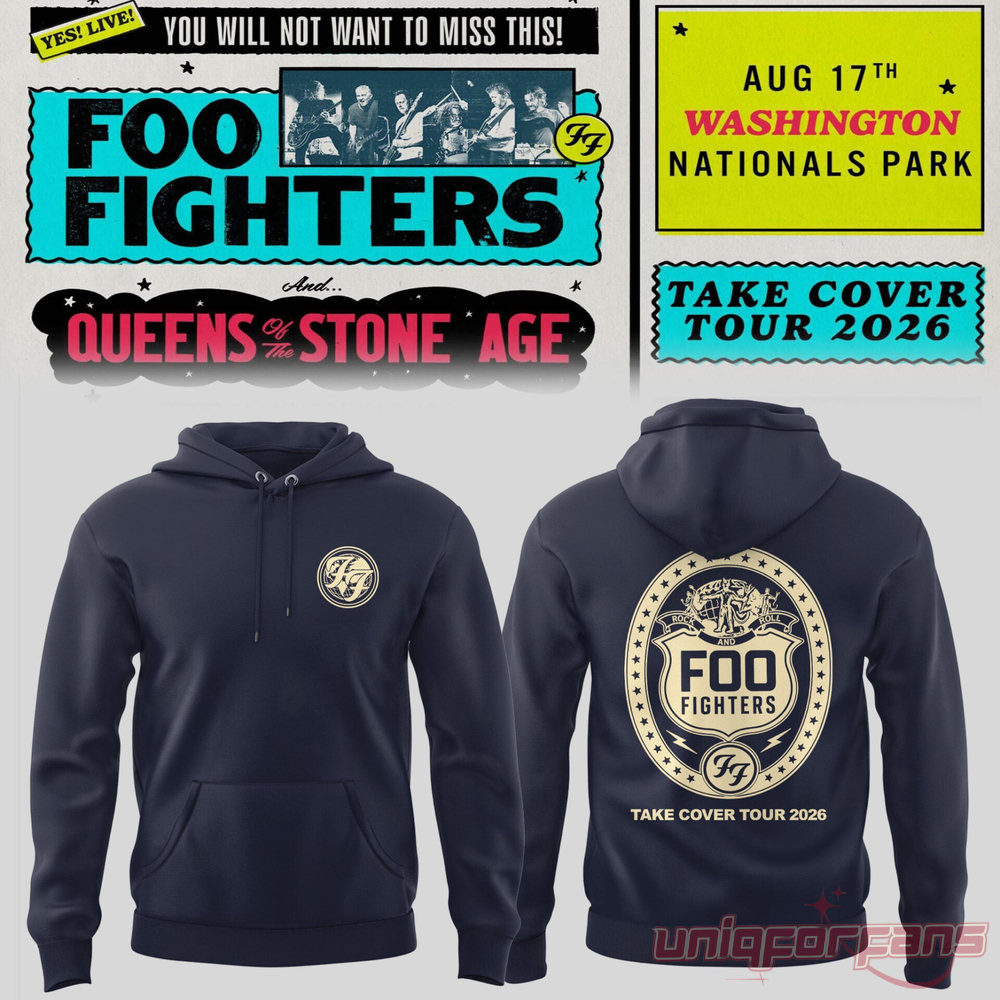Foo Fighters Take Cover Tour 2026 Washington DC Nationals Park Hoodie in navy blue with small chest logo and vintage shield crest back graphic