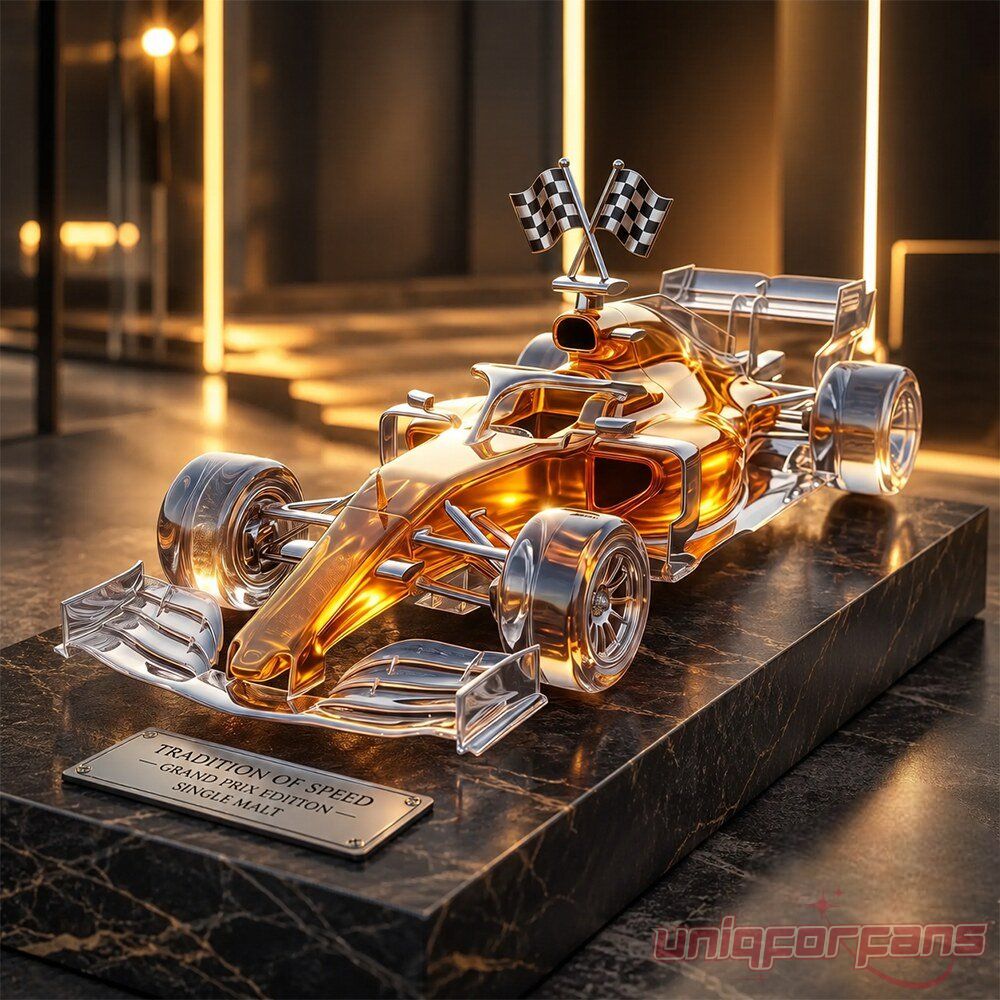 Formula 1 Grand Prix Race Car Single Malt Whiskey Bottle shaped glass decanter mounted on black marble display base