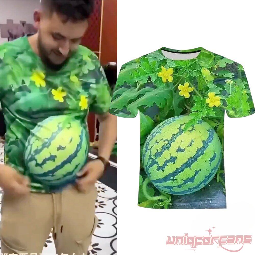 Funny Watermelon Big Belly 3D Optical Illusion T-Shirt featuring a realistic round watermelon printed over the stomach area