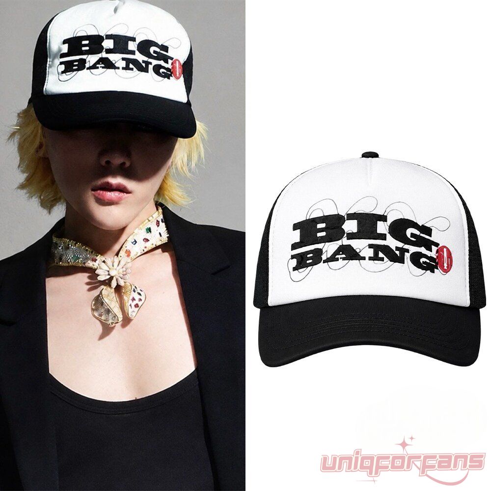 G-Dragon BIGBANG 20th Anniversary Limited Hat in black and white trucker style beside G-Dragon wearing it