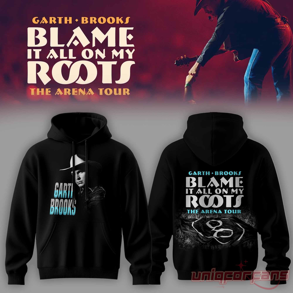 Garth Brooks Blame It All On My Roots The Arena Tour black hoodie featuring a portrait front and back tour logo