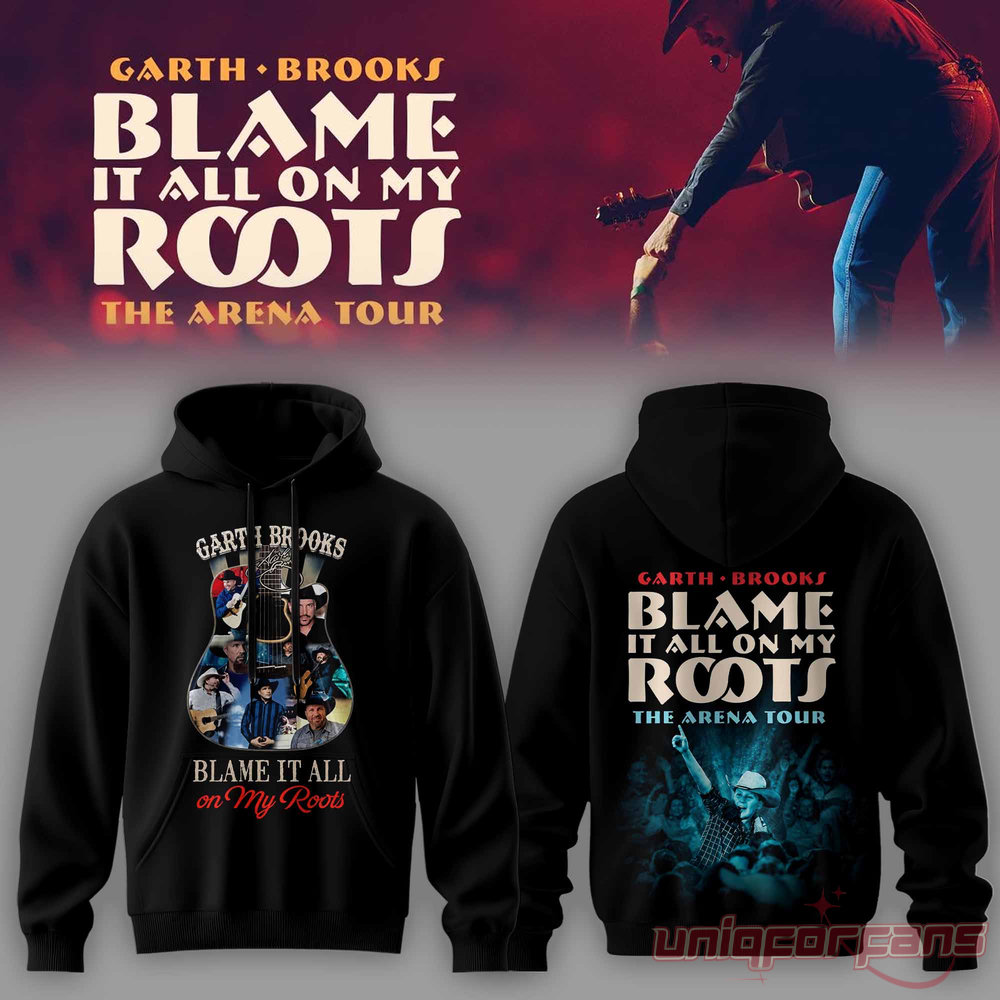 Garth Brooks Blame It All On My Roots hoodie featuring a guitar-shaped photo collage on the front and concert back print