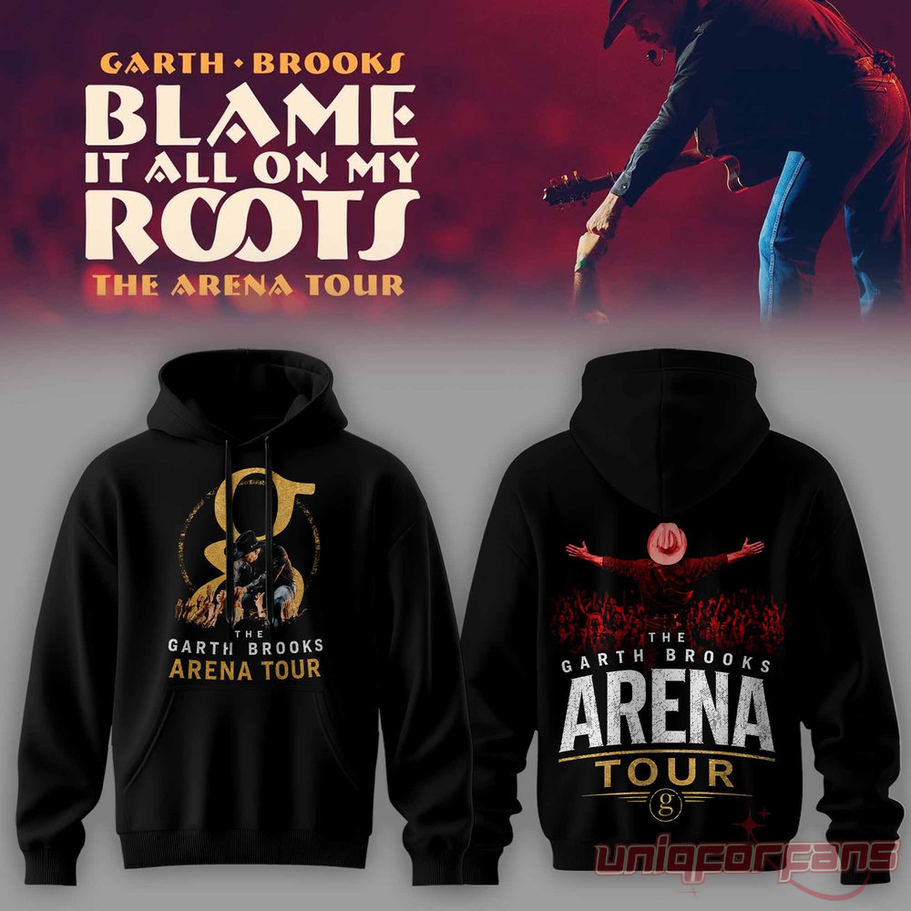 Garth Brooks The Arena Tour hoodie featuring a gold 'g' logo front and arms-outstretched back concert artwork