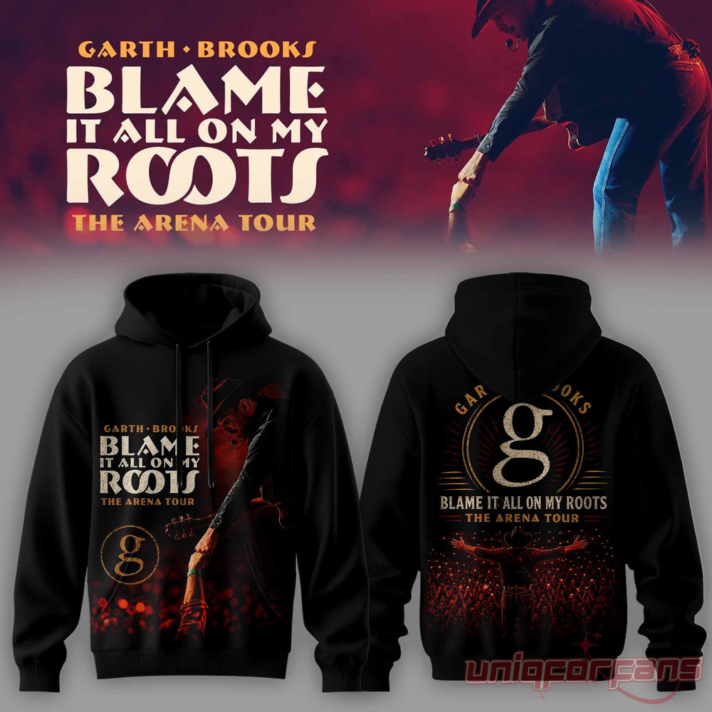 Garth Brooks Blame It All On My Roots hoodie featuring stage concert photo graphics printed on the front and back