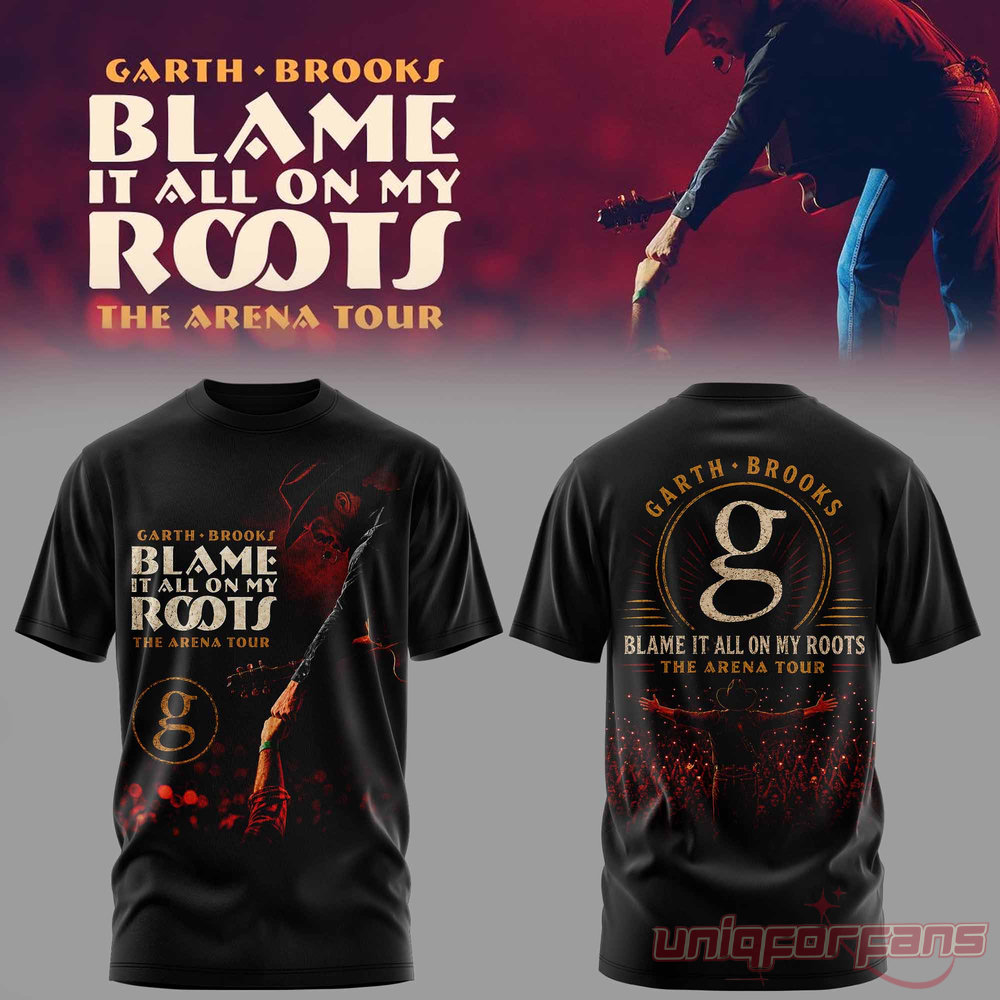 Garth Brooks Blame It All On My Roots T-Shirt in black with live performance front graphic and 'g' logo back