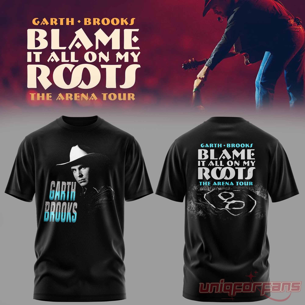 Garth Brooks Blame It All On My Roots black T-Shirt featuring a cowboy hat portrait and tour logo back print