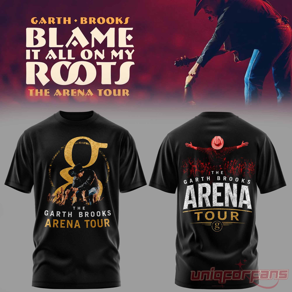 Garth Brooks Arena Tour black T-Shirt featuring a large gold 'g' logo and arms-outstretched back concert artwork