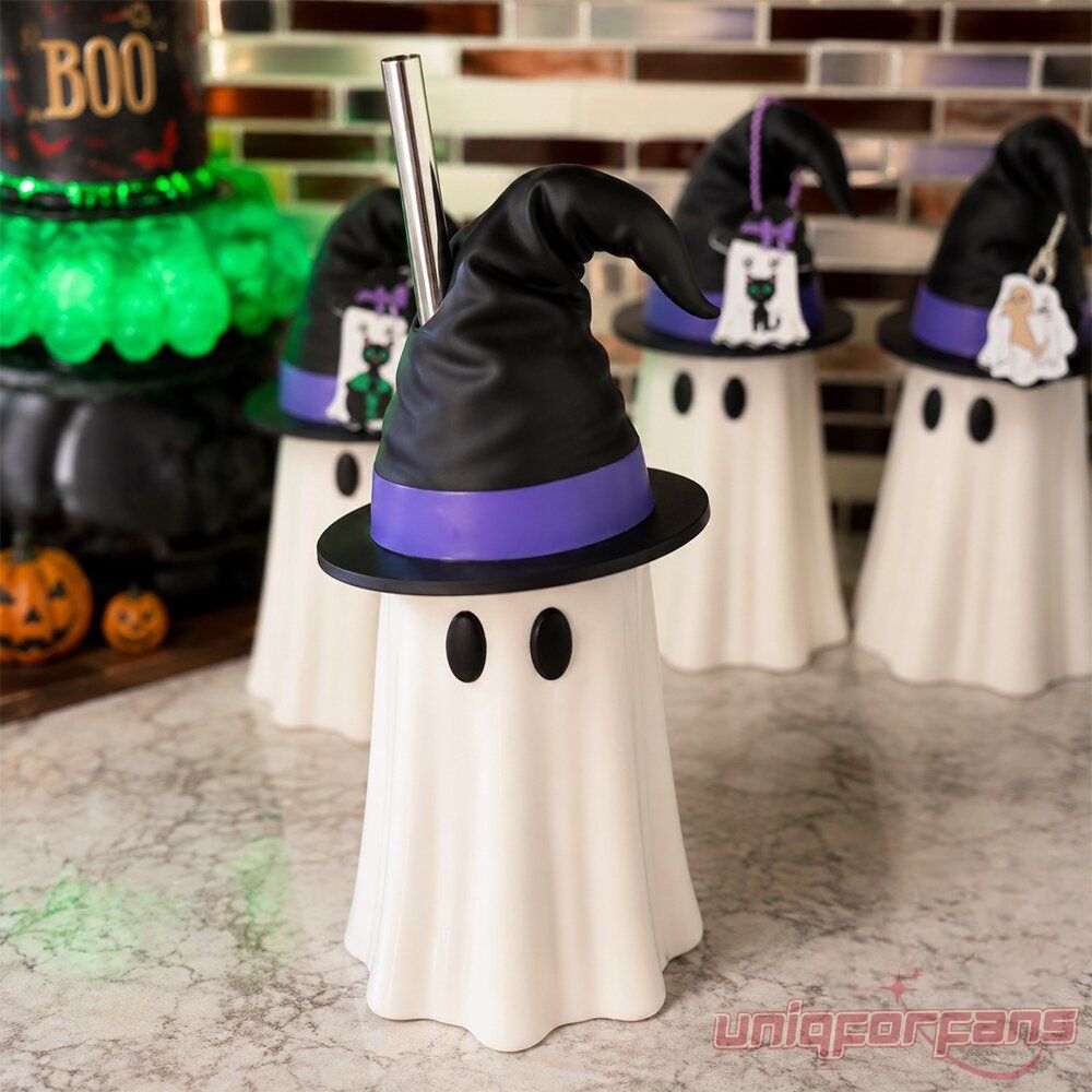 Halloween Ghost Witch Hat Tumbler Straw Cup white ceramic ghost shaped cups displayed on a marble kitchen counter
