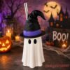 Halloween Ghost Witch Hat Tumbler Straw Cup ceramic ghost with black witch hat and metal straw in Halloween setting