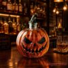 Halloween Jack O’ Lantern Whiskey Bottle Pumpkin Decanter on a wooden bar counter next to a filled glass