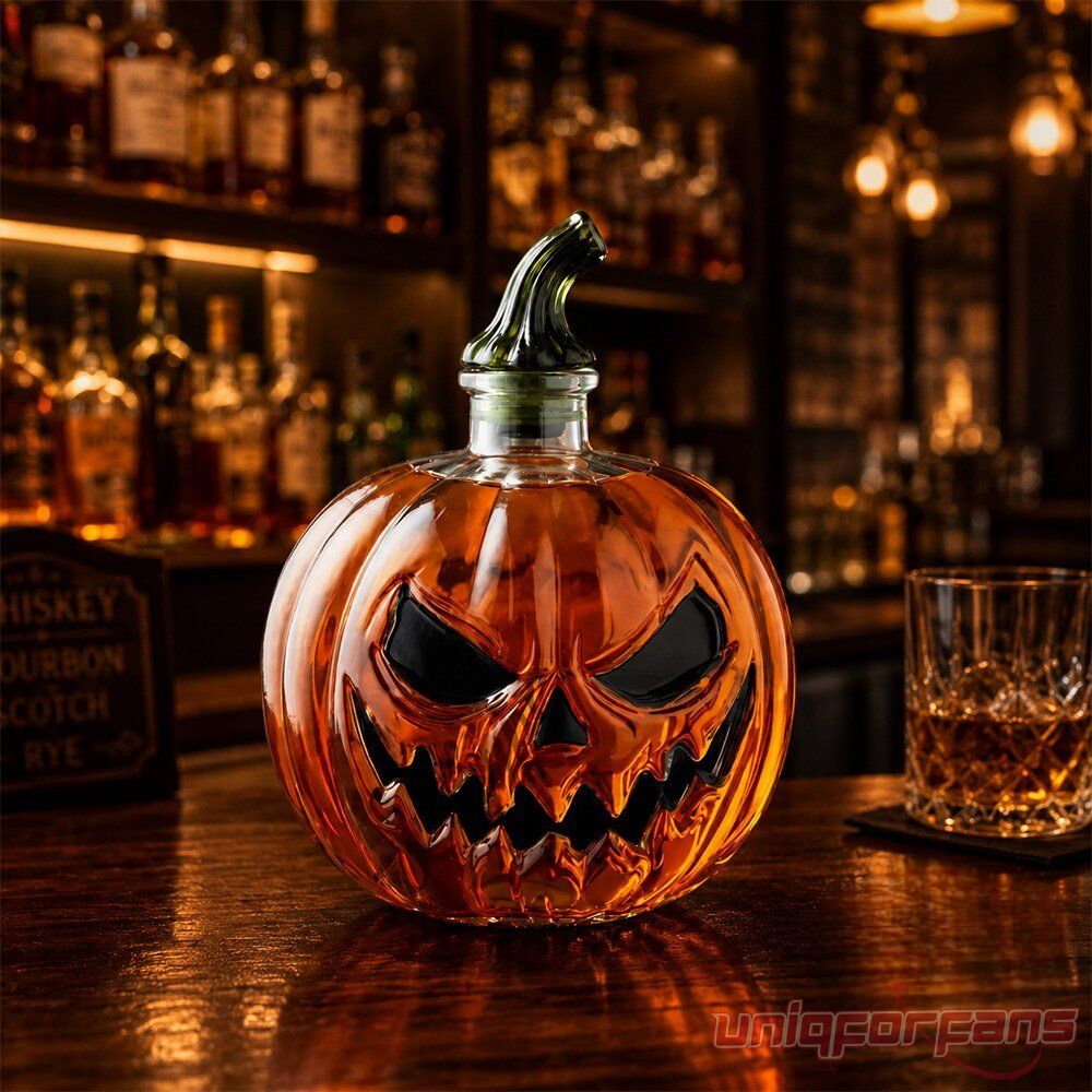 Halloween Jack O’ Lantern Whiskey Bottle Pumpkin Decanter on a wooden bar counter next to a filled glass