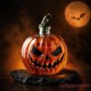 Halloween Jack O’ Lantern Whiskey Bottle Pumpkin Decanter on dark stone under glowing orange moonlight