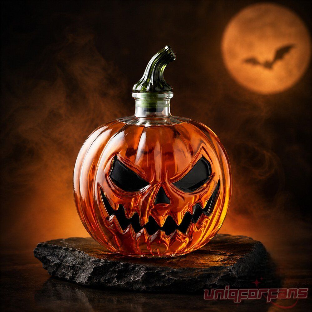 Halloween Jack O’ Lantern Whiskey Bottle Pumpkin Decanter on dark stone under glowing orange moonlight