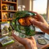 Hands holding a Master Chief helmet-shaped Halo 25th Anniversary whiskey decanter bottle in front of video games