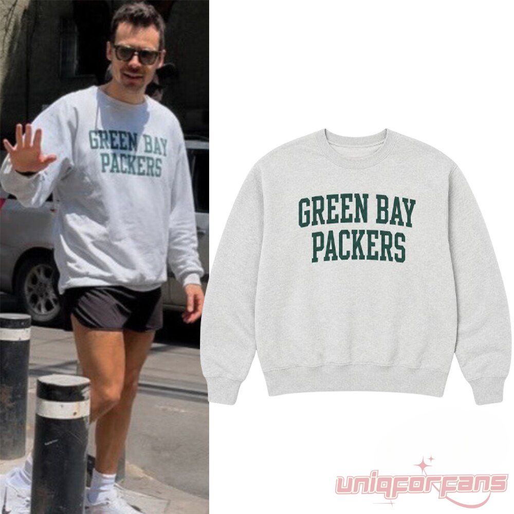 Harry Styles In Mexico Green Bay Packers Inspired Sweatshirt, heather grey sweatshirt with green team print