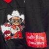 Hello Kitty x Bruno Mars Romantic Tour Black V-Neck Jersey close-up split view of center graphic and woven hem tag