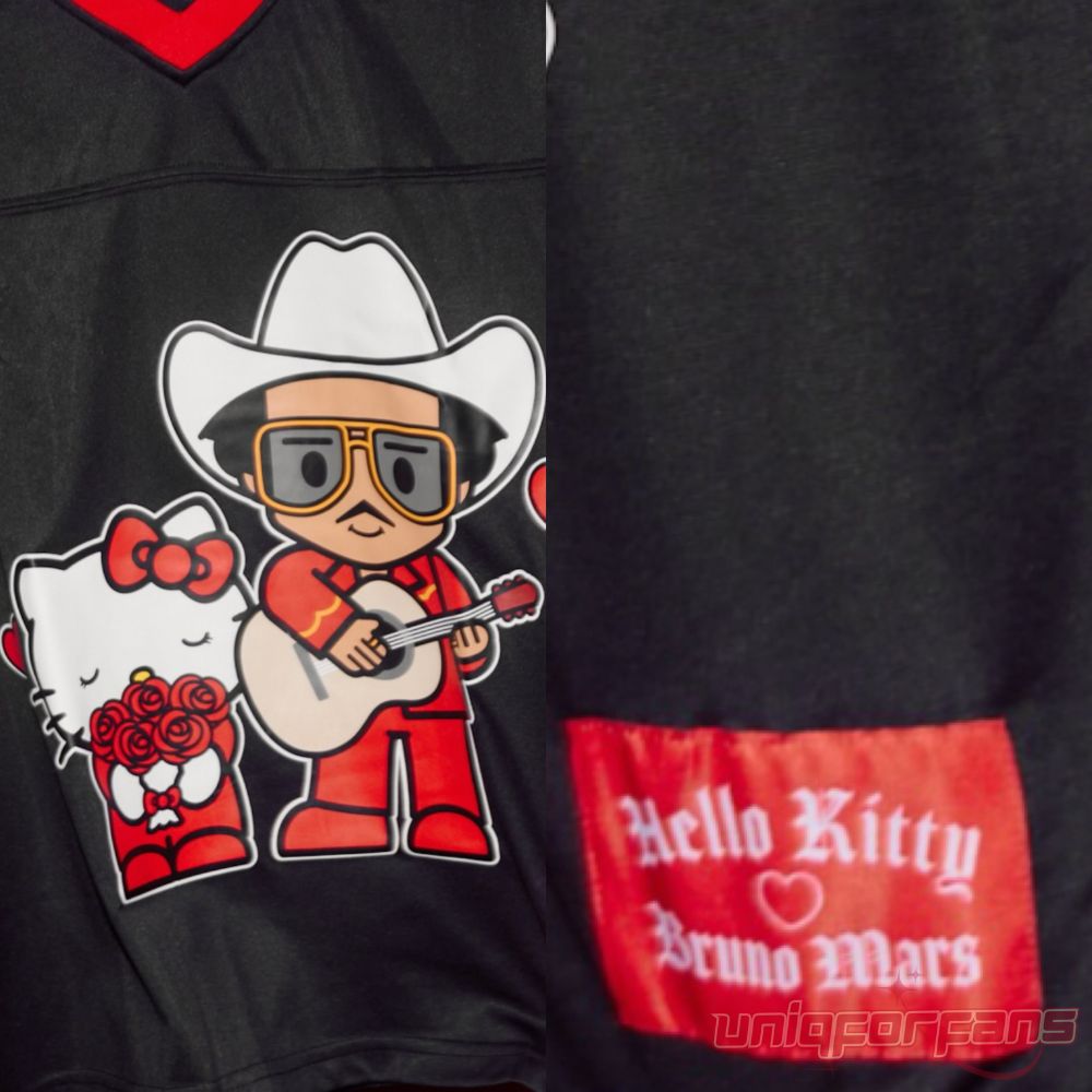 Hello Kitty x Bruno Mars Romantic Tour Black V-Neck Jersey close-up split view of center graphic and woven hem tag
