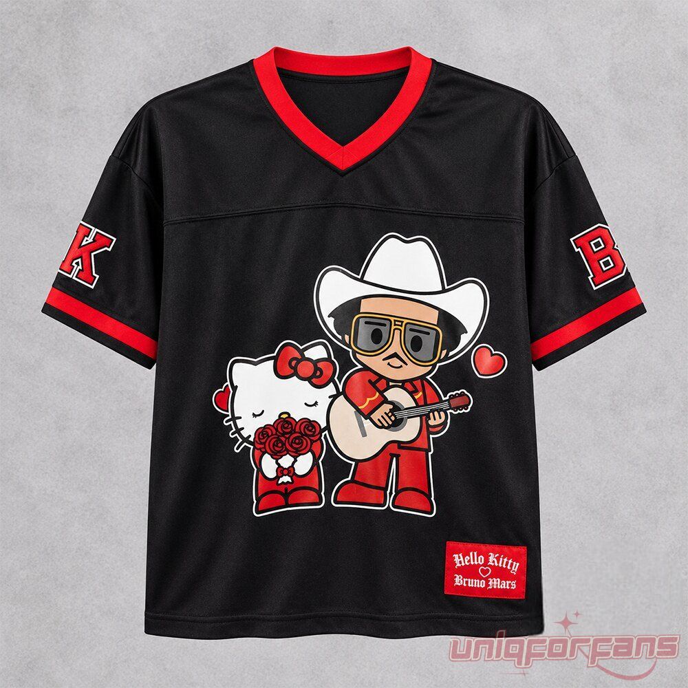Hello Kitty x Bruno Mars Romantic Tour Black V-Neck Jersey front flat lay view on grey background