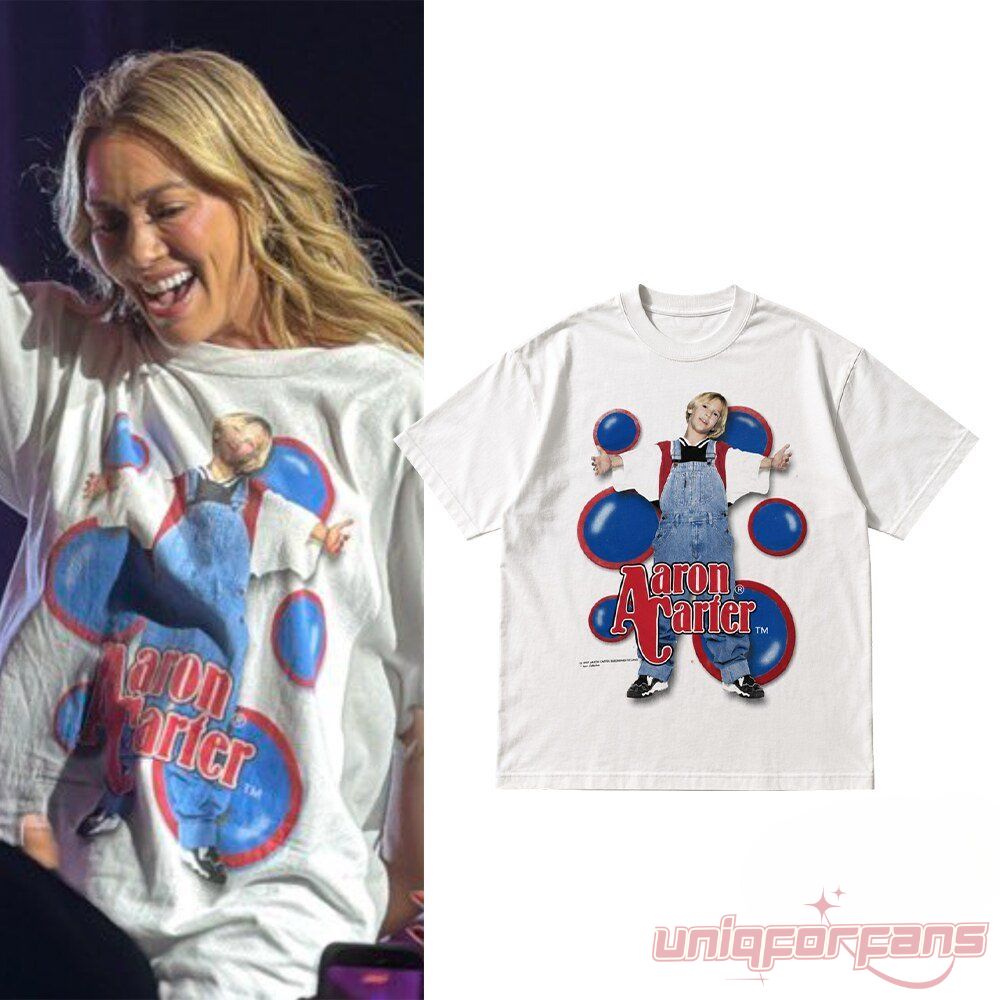 Hilary Duff Lucky Me Tour Aaron Carter Vintage Graphic T-Shirt in white featuring young Aaron Carter graphic and red text