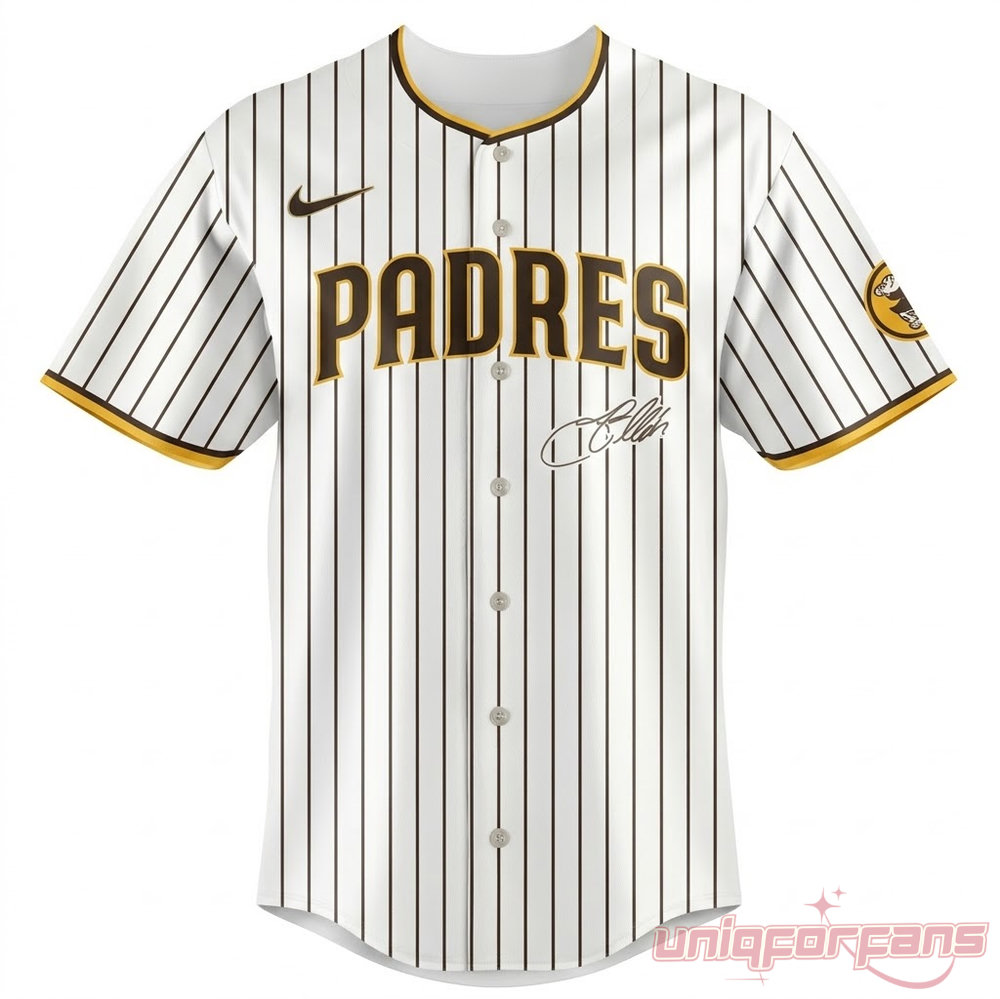 Jason Aldean Double Down Tour Petco Park Baseball Jersey in white pinstripe with Padres front chest text and signature