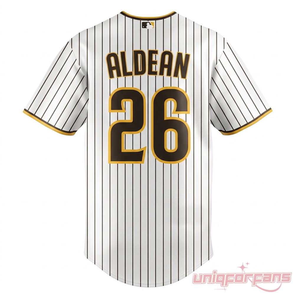 Jason Aldean Double Down Tour Petco Park Baseball Jersey featuring ALDEAN 26 back print on white pinstripe fabric