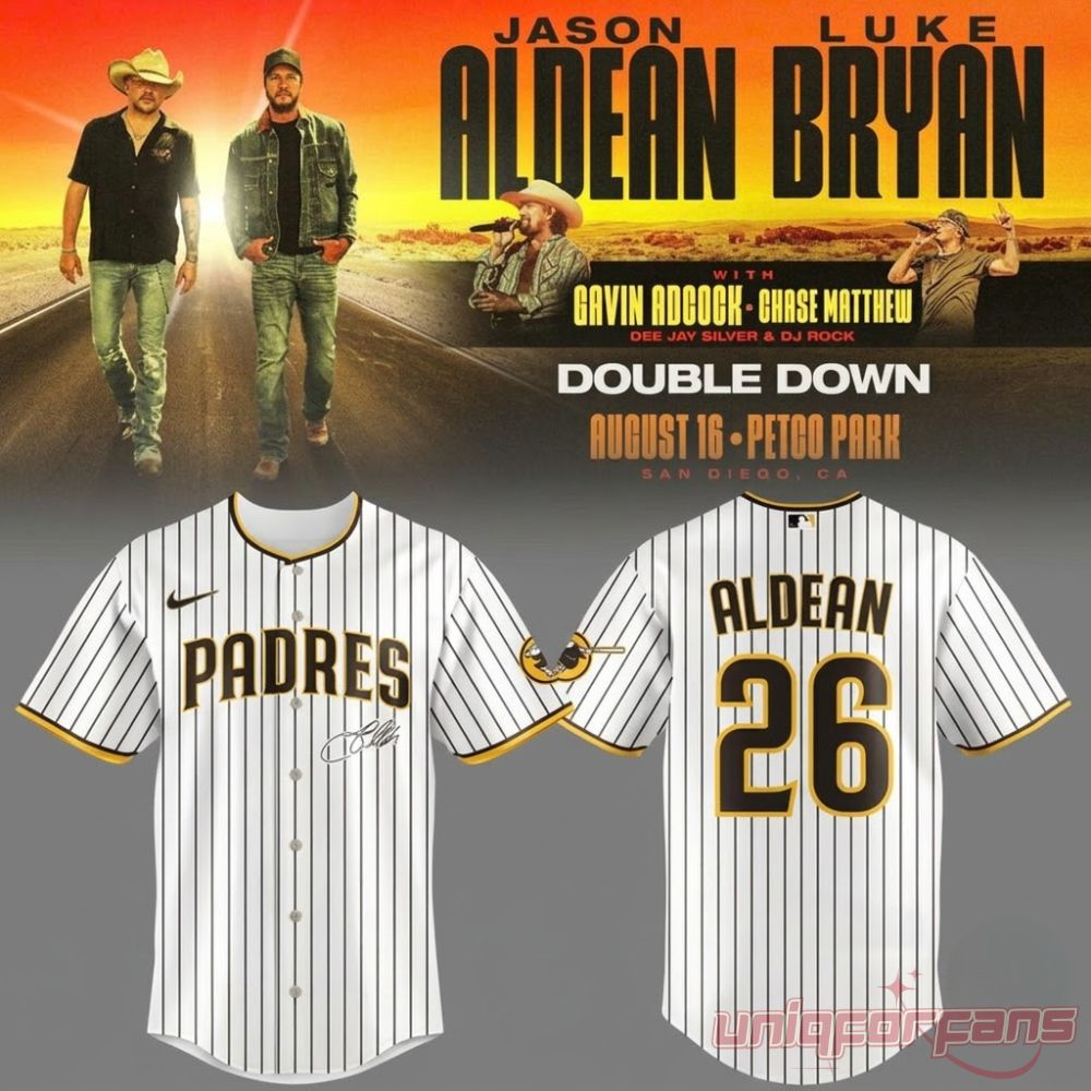 Jason Aldean Double Down Tour Petco Park Baseball Jersey set with Padres pinstripe front, signature, and ALDEAN 26 back