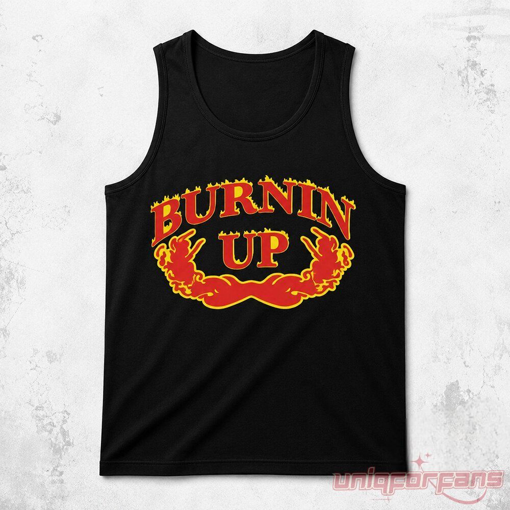 Joe Jonas Burnin Up Flame Iconic Tank Top Shirt front view in black with red and yellow flame text print