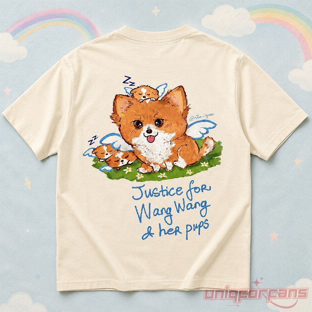Justice For Wang Wang And Her Pups Commemorative Tee in cream with illustration of angel dogs and blue text