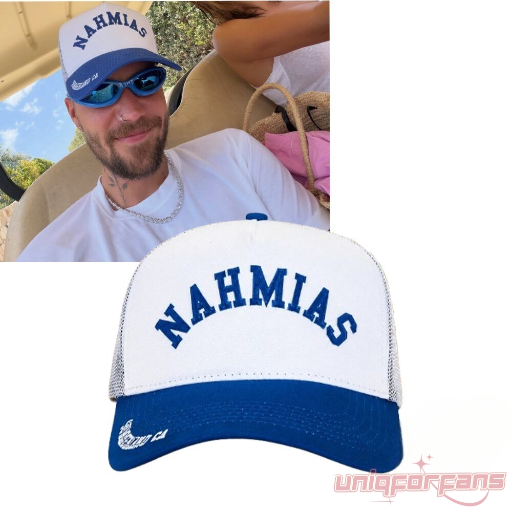 Justin Bieber NAHMIAS Summerland Blue Trucker Hat worn selfie style with blue brim and white mesh panel product view