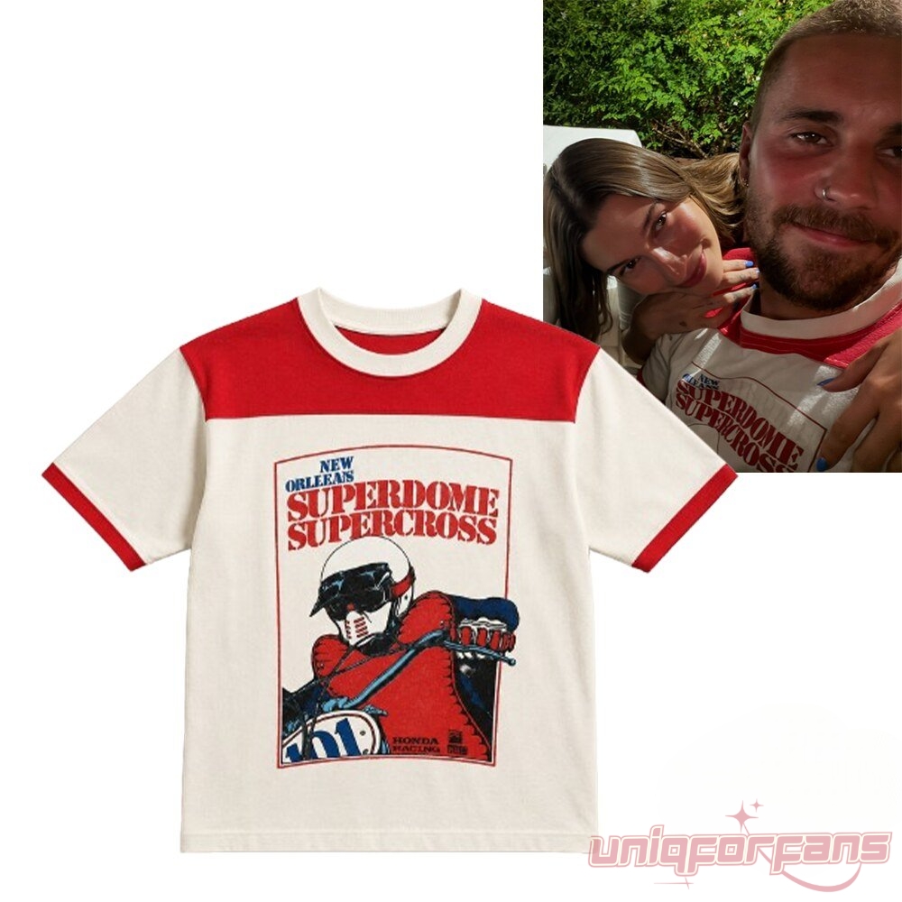 Justin Bieber Superdome Supercross Vintage Ringer Inspired Shirt worn with Hailey Bieber and shown flat lay with red collar