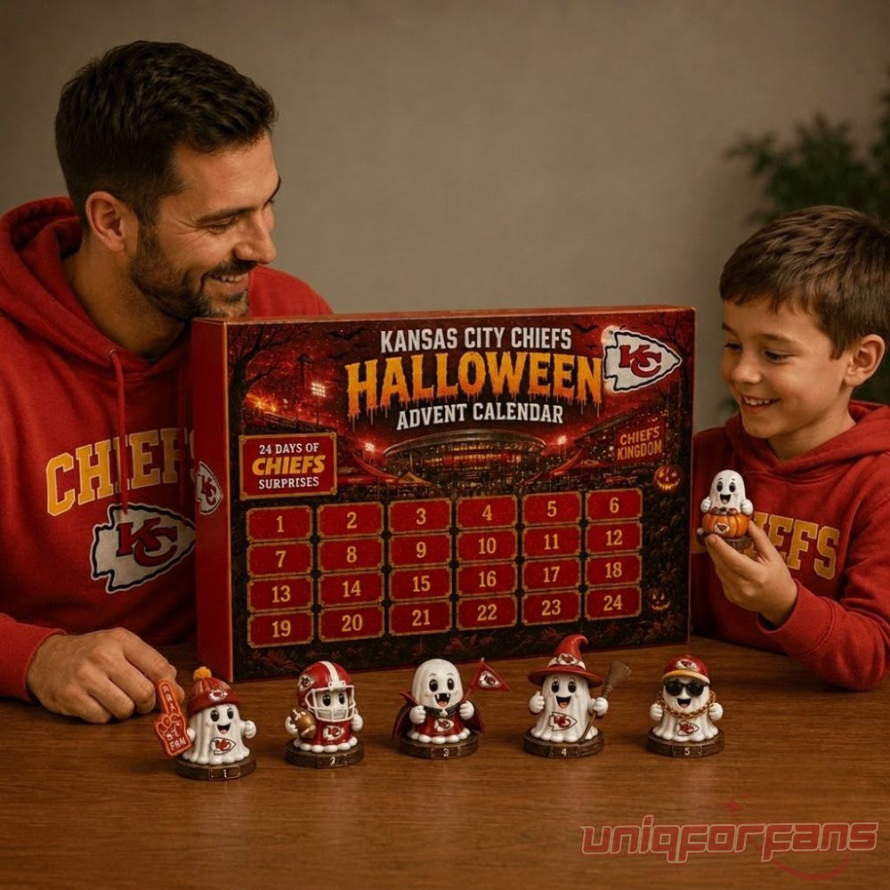 Kansas City Chiefs Football Halloween 2026 Advent Calendar held by a father and son wearing red Chiefs hoodies