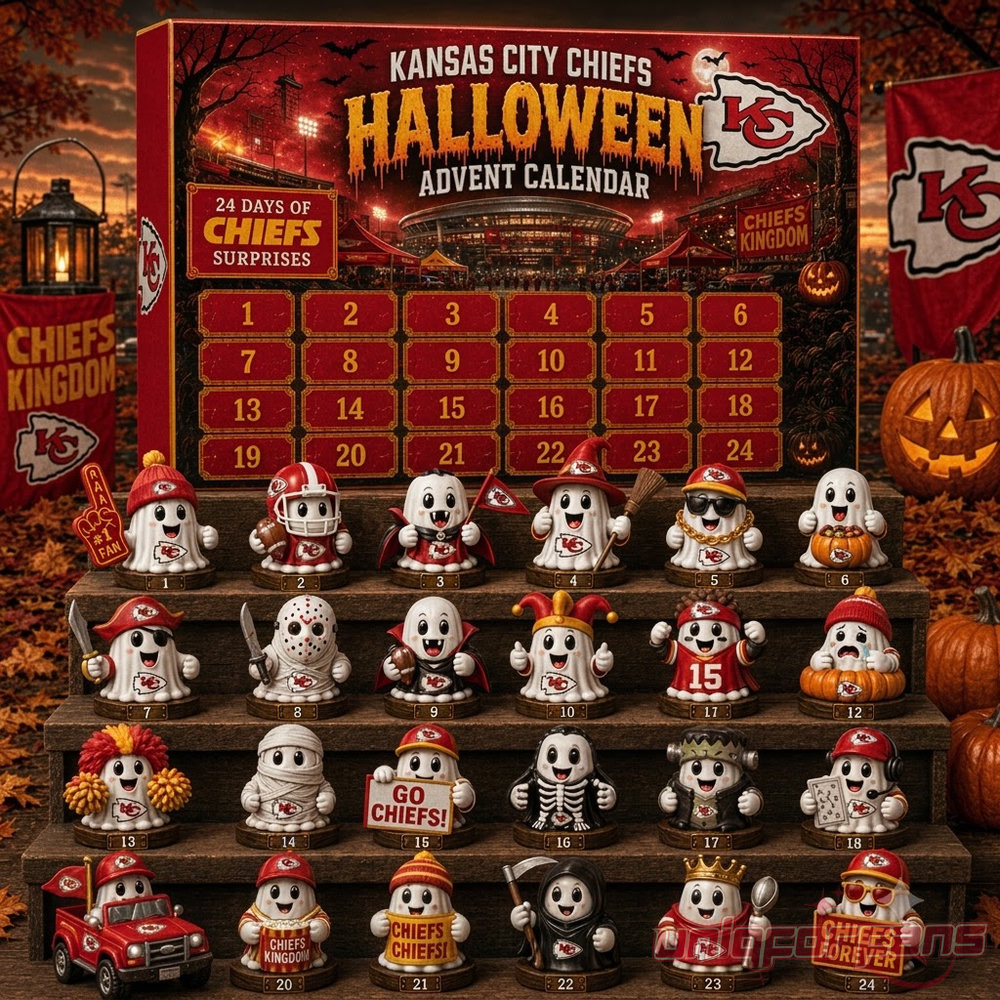 Kansas City Chiefs Football Halloween 2026 Advent Calendar displaying 24 doors and ghost figurine collectibles