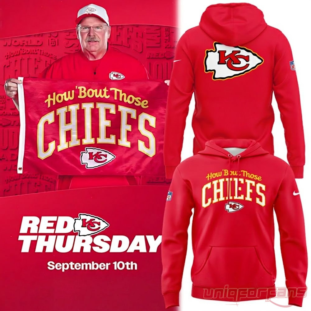 Kansas City Chiefs How 'Bout Those 2026 Special Red Graphic Hoodie front and back views with Andy Reid holding flag