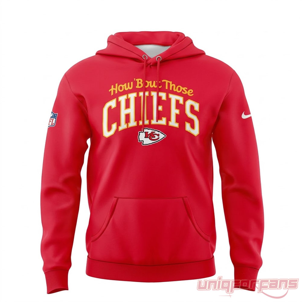 Kansas City Chiefs How 'Bout Those 2026 Special Red Graphic Hoodie front featuring yellow Chiefs lettering and arrowhead logo