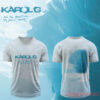 Karol G No Me Arrepiento Light Blue V-Neck Football Jersey featuring water ripple print, album title front graphic, and back tracklist portrait