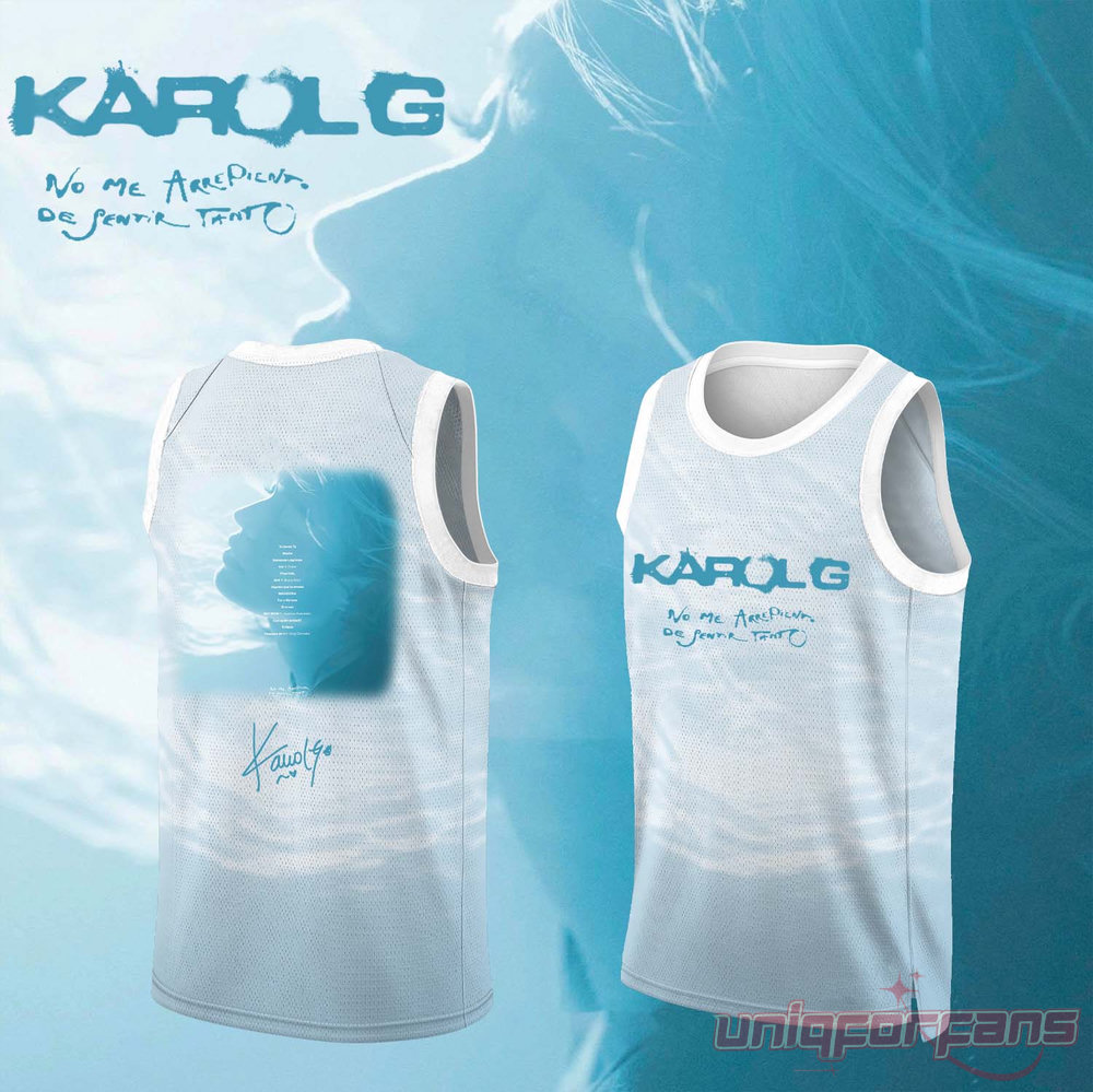 Karol G No Me Arrepiento Light Blue Basketball Jersey featuring water ripple print, album title front graphic, and back tracklist graphic