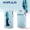 Karol G No Me Arrepiento Light Blue Basketball Jersey featuring dark blue glitter