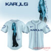 Karol G No Me Arrepiento Light Blue Baseball Jersey featuring glitter 