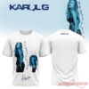 Karol G White T-Shirt featuring full-body Karol G photo alongside blue anime chibi character print with handwritten title script