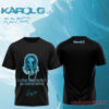 Karol G No Me Arrepiento Black T-Shirt featuring glowing blue anime chibi girl graphic and metallic title text