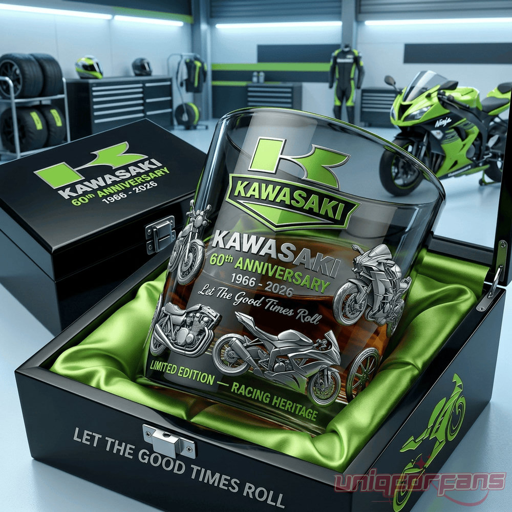 Kawasaki 60th Anniversary Whiskey Glass featuring engraved motorcycles in a custom black presentation box with green lining