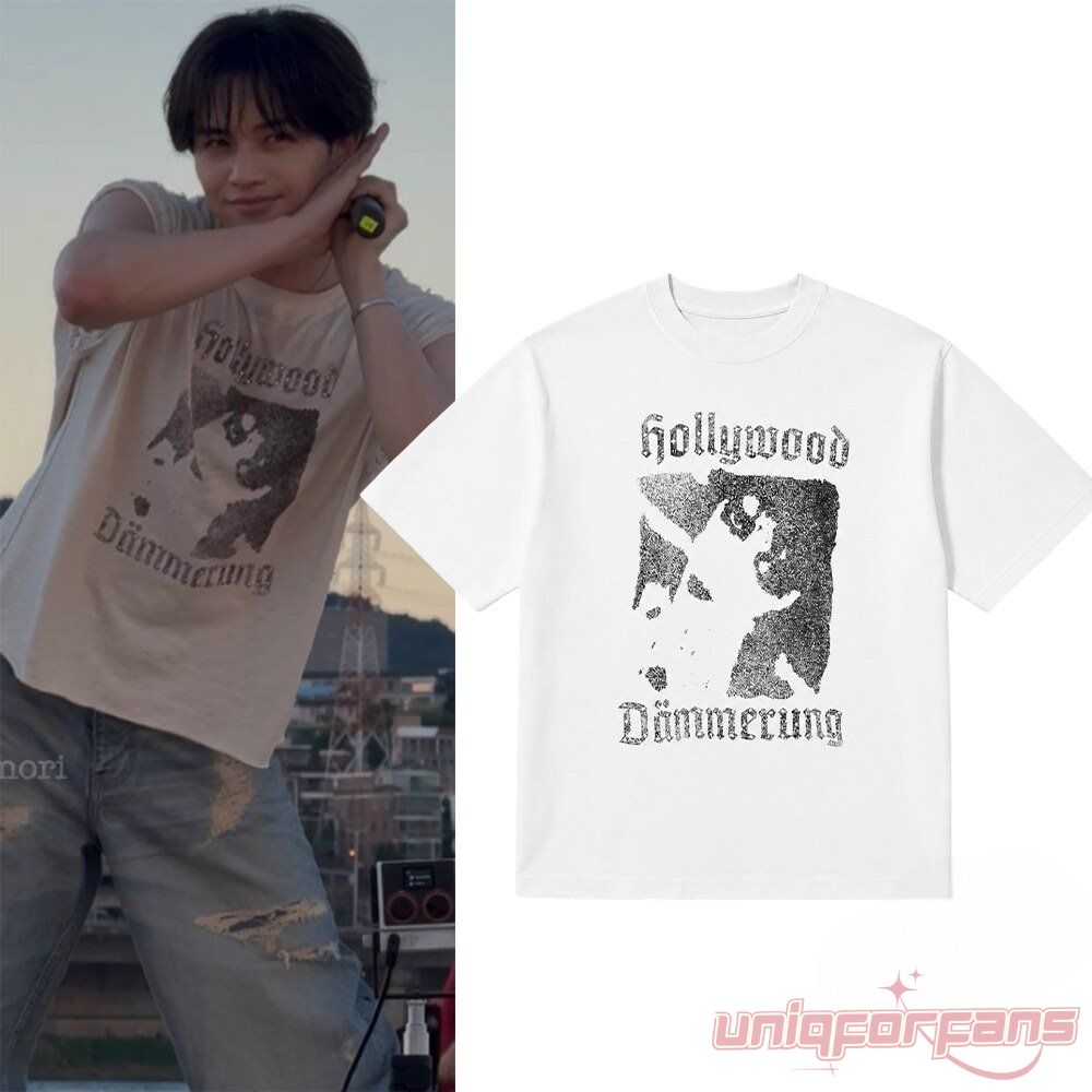 Kento Nakajima Hollywood Dammerung Tee in white with black vintage graphic print next to photo of Kento Nakajima wearing it
